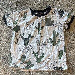 Cactus Print Tee - White & Green, with black trim collar and sleeves